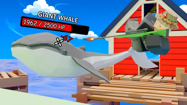 A character on a dock firing a rifle at a giant whale labelled GIANT WHALE, with a red health bar reading 1962 of 2500